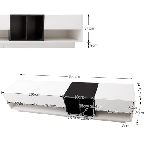 Meuble TV bas 190 cm blanc/noir, 3 tiroirs KOMHTOM