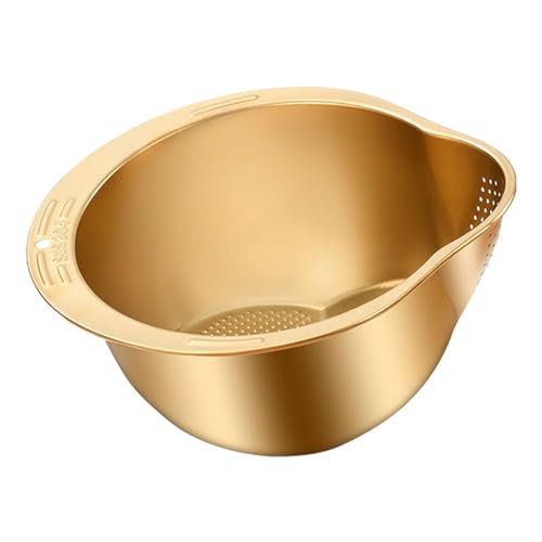 米洗いストレーナーボウル 金 ? 多機能ステンレス鋼製で水切り効率的、野菜果物洗浄用サイドドレン穴付き (金)
