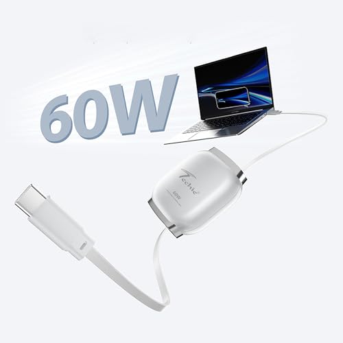 Image of Techie Type-C to Type-C Retractable Cable White 60W USB-PD Fast Charging 1m Flat TPE Copper Cable for Smartphones, Tablets & Laptops