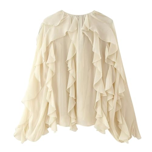 Womens Ruffle Chiffon Blouse Trendy Semi Sheer V Neck Top Long Sleeve Button Down Oversized Shirts2
