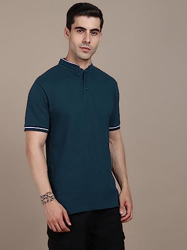Image of Dennis Lingo Men's Cotton Solid Stand Collar Regular Fit T-Shirt