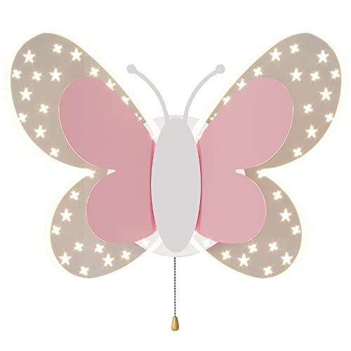 Kinderzimmer Wandleuchte Schmetterling Wandlampe mit Zugschalter, LED 10W Cartoon Wandbeleuchtung Trikolore Dimmbar Innen Wandspot, Modern Junge Mädchen Raumlampe, Rosa Weiß Cover