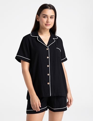 Image of Womens Muslin Pajama Set 100% Cotton Double Gauze Linen Like | Breathable Soft Comfort Button Up Loungewear Sleepwear PJ Set