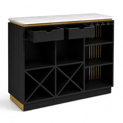 Image of The Attic Carlston Bar Cabinet for Home, Hard and Soft Drinks Bar Storage Cabinet, Wine Whisky Scotch, Solid Mango Wood, Black Matte Finish with Ceramic Marble Top