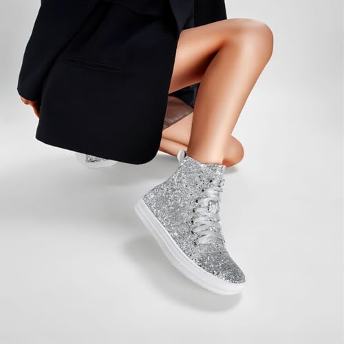 UBWDU Women's High Top Glitter Tennis Sneaker Platform Sneaker with Zipper Rhinestone Bling Wedding Bridal Shoes Shiny Sequin Shoes3