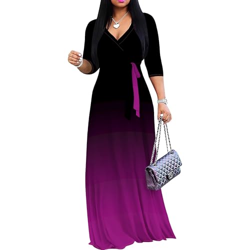 Image of PinkPatty Women's Plus Size Maxi Dress Casual 3 /4 Sleeve Dress with Belt | Soft stretch feel, printed style, flowy A-line fit, v neck, waist tie, side pockets, for vacation, party and daily wear