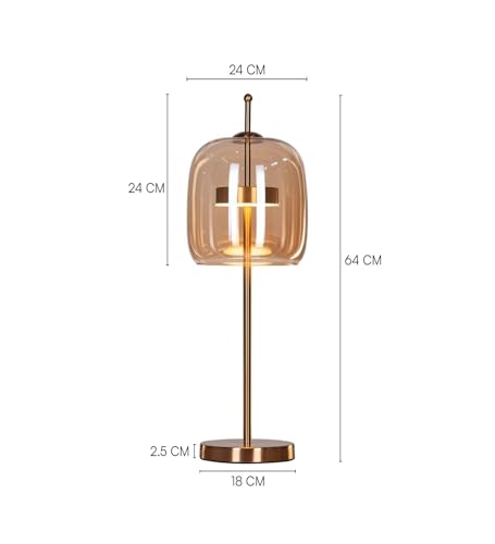 Image of Modern Amber Glass Table Lamp with 3-Color LED | Gold Metal Bedside Lamp for Living Room & Bedroom | Decorative Table Light for Home Decor