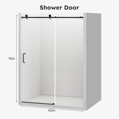 Image of Zevemomo Frameless Shower Door, 56 inch-60 inch W x 76 inch H Sliding Glass Shower Door, 1 /4 inch (6mm) Thick Tempered Clear Glass, Explosion-Proof Film Shower Doors, Black