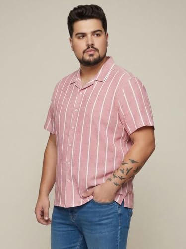 Image of Urbano Plus Men's Cotton Half Sleeve Relaxed Fit Linen Striped Shirt with Cuban Collar
