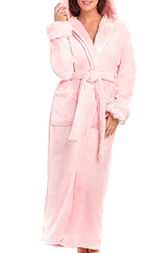 Alexander Del Rossa Women's Faux Fur Feather Hooded Robe, Soft Plush Fleece Bathrobe with Hood, Pink Rose Quartz, Small