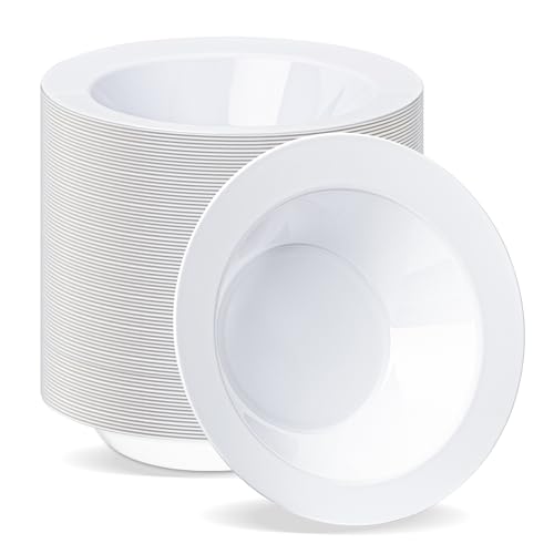 BESTVIP 100 Pack 12 oz White Plastic Bowls Disposable Soup Bowls Heavy-duty Dessert Salad Bowl for Christmas Party Wedding Dinner Catering
