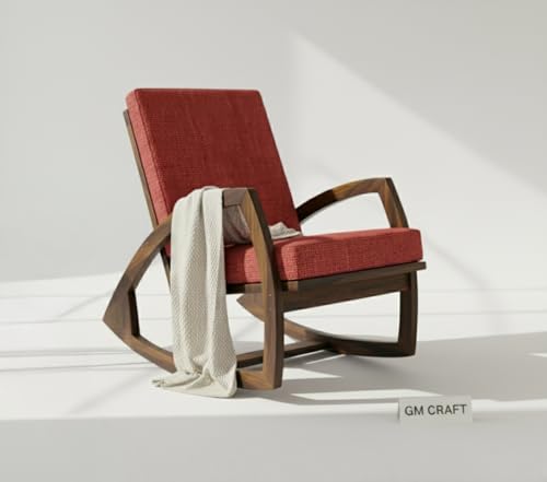 Image of Solid Sheesham Wood Rocking Chair for Living Room - Upholstered Relaxing Chair - Wooden Rocking Chair for Adults for Home Outdoor Indoor (Walnut, Elian)