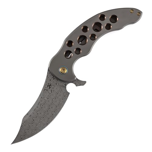 KANSEPT Gilgamesh Pocket Knife, Persian-Style 3.75'' Damascus Steel Curved Blade and Flipper Opening, Frame Lock with Skeletonized Bronze Anodized Titanium Handle for Outdoor Camping Hiking K1128A5
