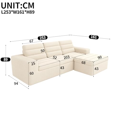 Sofá esquinero modular en L de pana beige sin marco combinable 3