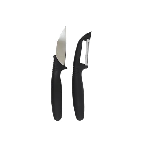 Fackelmann Set di Coltello da cucina con lama seghettata e Pelapatate Universale affilato, manico ergonomico nero, per tagliare e sbucciare frutta e verdura