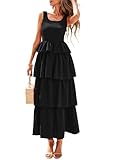 PRETTYGARDEN Womens 2025 Summer Sleeveless Midi Dress Scoop Neck A Line Smocked Ruffle Tiered Layered Beach Vacation Dresses (Black,Large)