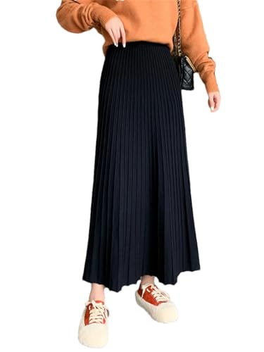 Pulcykp Women Thick Knit Midi Skirts Loose Solid High Waist A-Line Large Swing Skirt High Strecth Soft Skirt