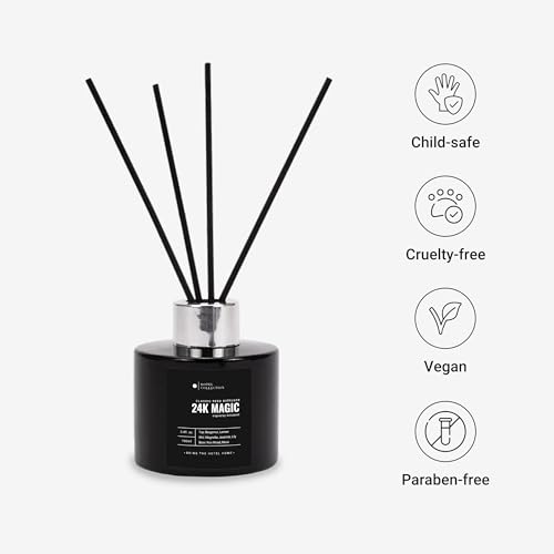 Image of Hotel Collection - 24K Magic - Reed Diffuser Set - Luxury Aromatherapy - Lemon, Bergamot, Black Fig, Cedarwood, Amber, Musk & Blonde Woods - Essential Oil Diffusers - Shelf Decor - 100mL /3.5 FL oz