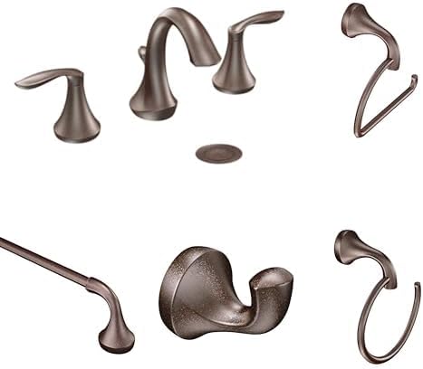 Moen Eva Oil-Rubbed Bronze Bathroom Set - Two-Handle High Arc Widespread 3-Hole Faucet with 24-Inch Towel Bar, Towel Ring, Toilet Paper Holder, and Robe Hook