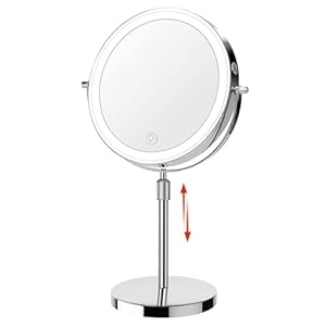 HIEEY Lighted Makeup Mirror with Magnification, Rechargeable Lighted Mirror, Three Color Lighting Modes, Height Adjustable, 1x/10x 360° Rotation Touch Screen Vanity Mirror (8in. Silver)