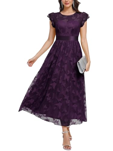 Image of Women's Casual Tulle Midi Dress Ruffle Sleeve Crewneck Lace Flowy Dresses Party Wedding Guest Sundress