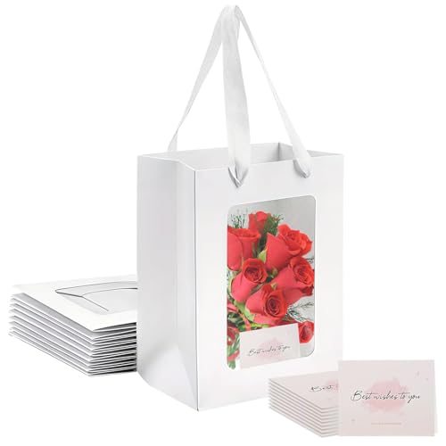 10 Piezas Bolsas de Papel Kraft con Ventana, Bolsas de Regalo con Tarjeta de Felicitación, Bolsa Chuches Cumpleaños Bolsas Embalaje Papel Kraft para Celebración, Boda, Fiesta (Blanco, 20×16×30 cm)
