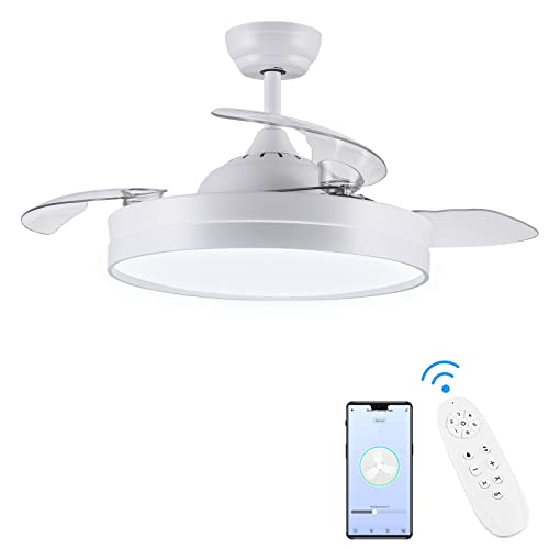 Newday Retractable Ceiling Fan with Light, 42 Inch Smart Ceiling Fans with Lights and APP Remote Control, Modern Ceiling Fan for Bedroom Living Room, Quiet DC Motor 6 Speed