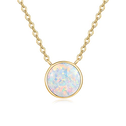 TANGPOET Dainty 8mm Opal Necklace for Women 925 Sterling Silver Circle Pendant Necklace Lab Created Opal Jewelry Gift for Birthday with 18
