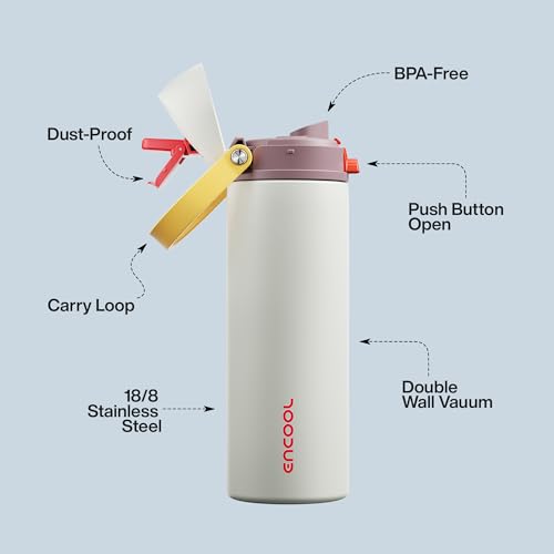 Image of Insulated Water Bottle with Straw - Encool Stainless Steel Water Bottle with Push Button Lid, Leak-Proof & BPA-Free, Keeps Cold for 24 Hours for Sports, Travel, Gym (24 oz, Quill Grey-Red)