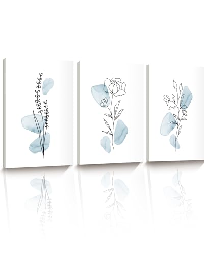 HesenDot Blue Floral Framed Wall Art Set of 3, 30x40CM Watercolour Flowers Line Canvas Print, Boho Minimalist Botanical Aesthetic Home Decoration for Living Room Bedroom Bathroom Study Apartment