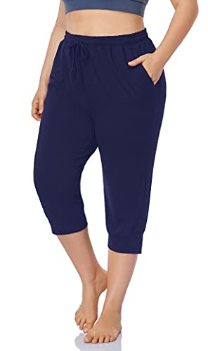 ZERDOCEAN Women's Plus Size Active Yoga Lounge Indoor Capri Casual Comfy Relaxed Joggers Pants with Pockets Drawstring Navy 5X