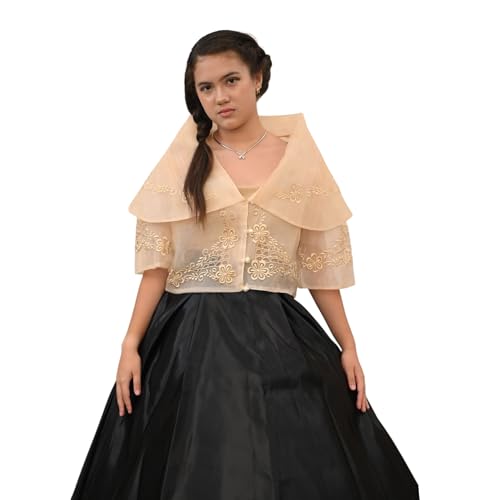 Maria Clara Filipiniana, Beige Embroidered Top, Formal Traditional Filipino Wear (M)