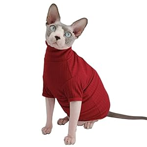 Sphynx Haarloses Katzen-Shirt, atmungsaktiv, Katzen-Rollkragenpullover, Pullover, Kätzchen-T-Shirts mit Ärmeln, Katzen-Pyjama, Jumpsuit für Sphynx Cornish Rex, Peterbald (Klein (1 Stück), Wein)