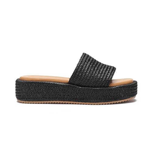 Image of Monrovia Platform Sandals Women Raffia Espadrille Slides, Woven Straw Flatform Beach Sandals Women, Slip On Summer Vacation Shoes, Comfortable Casual Daily Wear
