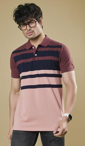 Image of 3BROS Mens Striped Polo Neck Half Sleeve Regular Fit T-Shirt for Men | Wine, S