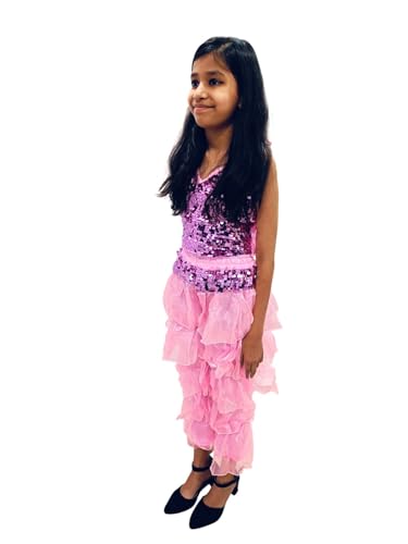 Image of BookMyCostume Western Dance Costume for Girls - Light Pink Sequin Top & Palazzo Set | Stylish Strapless Halter Neck Dress | Annual Day Dance Dresses & Fancy Dress for Stage Shows | 8-10 Years