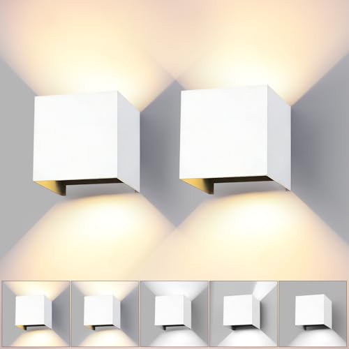wisdom line Applique da Parete a Cubo 2 Pezzi per Interni ed Esterni, 15W LED 3 Colori Regolabili, IP65 Impermeabile, Angolo del Fascio Regolabile 0-120°, Design Quadrato Moderno Bianco 11cm