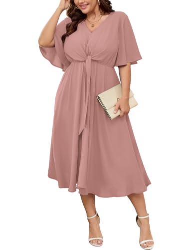 SCOMCHIC Women Plus Size Midi Dresses Wedding Guest Short Sleeve V Neck Tie Waist Casual Summer Flowy A Line Dress Dusty Pink