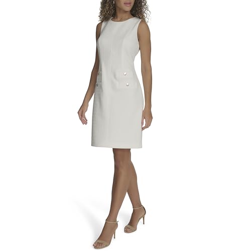 Image of Tommy Hilfiger Women's Sleeveless Jewel Neck Novelty Button Tweed Mini Sheath Dress