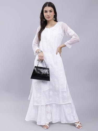 Image of Seva Chikan Hand Embroidered Lucknowi Chikankari Georgette Kurta with Inner Slip for Women SCL4431