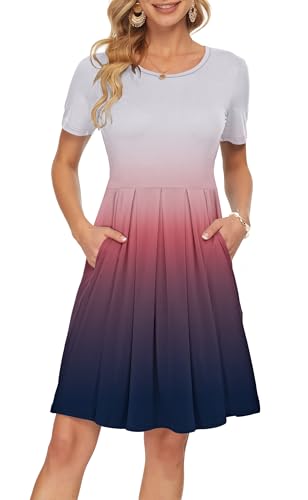 Image of AUSELILY Women's Short Sleeve Pleated Swing Summer Dress with Pockets | Knee-length short sleeve dress, empire waist & pockets, ideal for casual daily wear and vacation