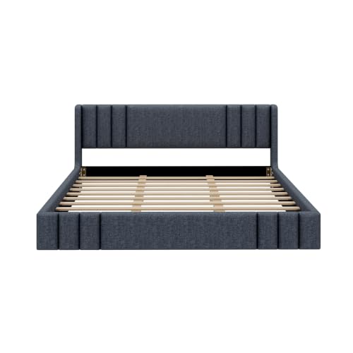 Image of Harper & Bright Designs King Size Low Platform Bed with Upholstered Headboard and Wooden Slats Support for Bedroom, Gray