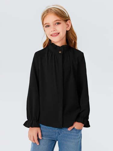 Image of Haloumoning Girls Ruffle Long Sleeve Blouse Kids Button Down Uniform Dress Shirts 5-14 Years