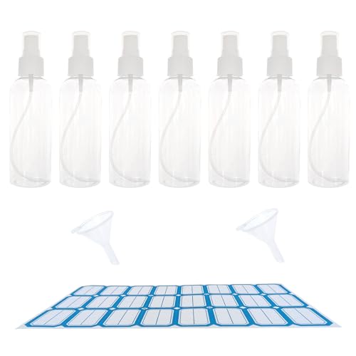 ZHIYE Lot de 7 vaporisateurs en plastique transparent rechargeables de 100 ml avec entonnoir et étiquettes pour nettoyer le maquillage et les cheveux