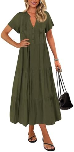 KIRUNDO Summer Maxi Dresses for Women 2025 Spring Fashion Short Sleeve Button V Neck Pleated Loose Tiered Swing Flowy Dress