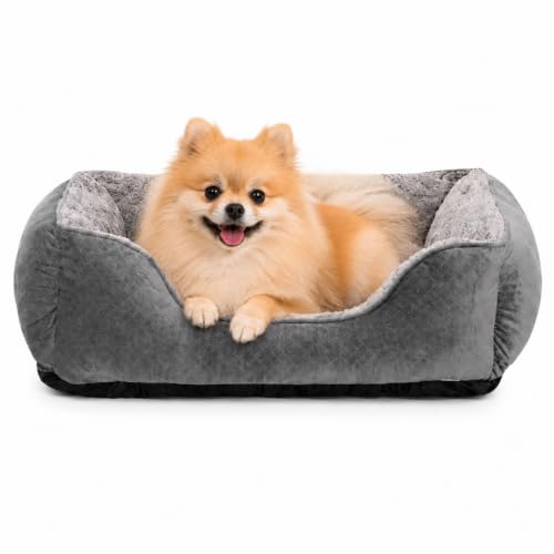 Oveppy Dog Bed Small Super Soft Rectangle Dog Beds Washable Warming Pet Bed with Anti-Slip Bottom Anti-Anxiety Machine Washable Grey 20 x 19 x 6inch