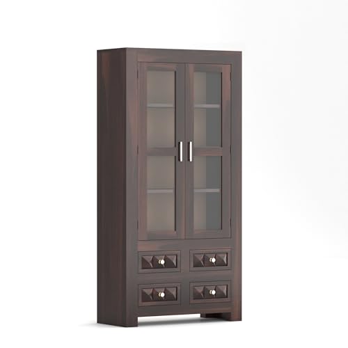 Image of Wood Books Shelf for Home Library | Book Shelf with Glass Door | Kitchen Crockery Cabinet Storag, Almirah, Study Room Furniture Book Rack, 4 Drawer, Walnut Finish