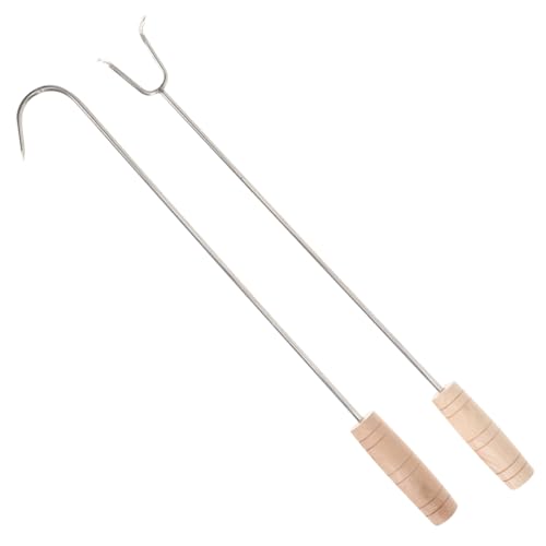 Healifty 2pcs Ergonomic Wood Handle Meat Hook Stainless Steel Bbq Accessory for Grilling Camping and Kitchen Use Multi Function Roasting Tool for Pork and Meat Grasping