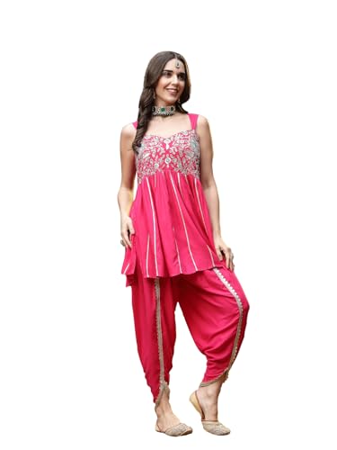 Image of Stylum Women's Solid & Embroidered Rayon A-Line Kurti Dhoti Pant Set