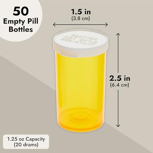 Image of Juvale Empty Pill Bottles with Caps - Easy-Open Plastic Vials with Caps - Compact Travel Pill Bottles - 20 Dram, Orange, Pack of 100